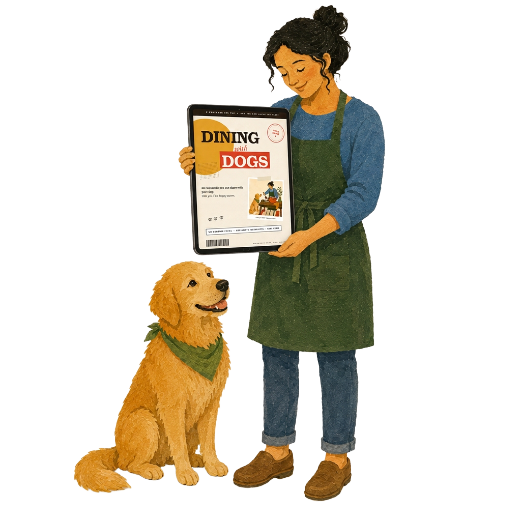 Illustration of a woman with her golden retriever holding the Dining with Dogs cookbook